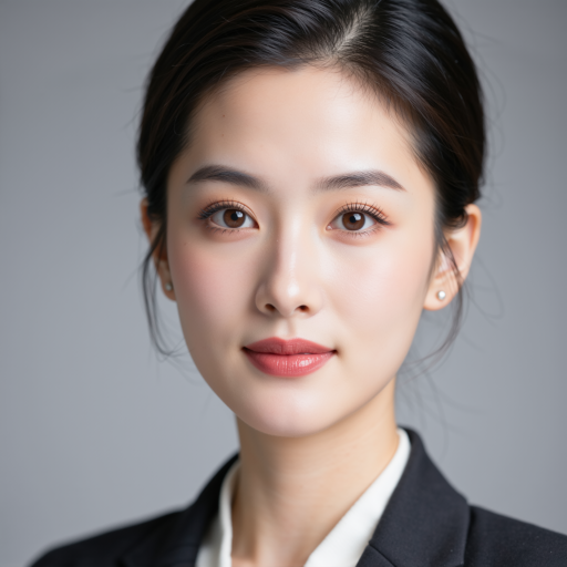 三十五岁左右女性头像，穿白色衬衫，黑色短发，专业科技工作者形象，浅灰色背景