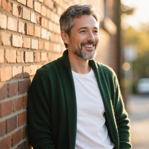 三十岁左右男性头像，穿休闲服装，艺术家气质，棕色头发，温暖灯光背景